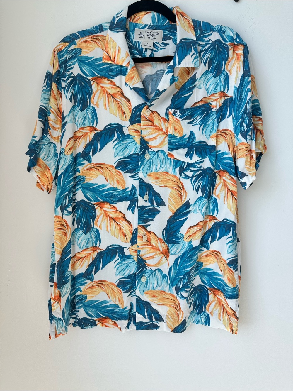 Penguin Men's Casual Tropical Leaf Short-Sleeve Shirt - Blue & Orange Size M
